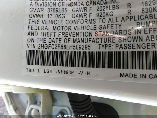 2020 HONDA CIVIC SEDAN SPORT VIN: 2HGFC2F88LH509295