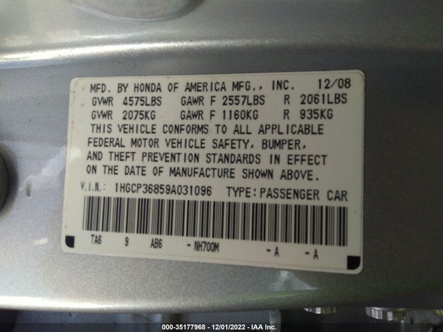 2009 HONDA ACCORD SDN EX-L VIN: 1HGCP36859A031096