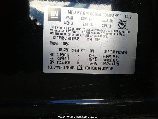 2022 Chevrolet Trailblazer, VIN: KL79MRSL1NB007586