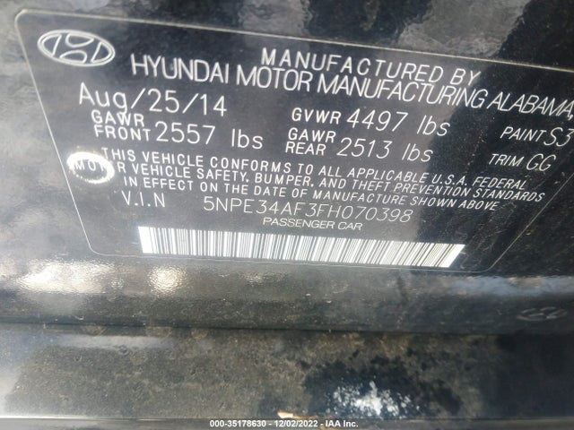 2015 HYUNDAI SONATA SPORT VIN: 5NPE34AF3FH070398