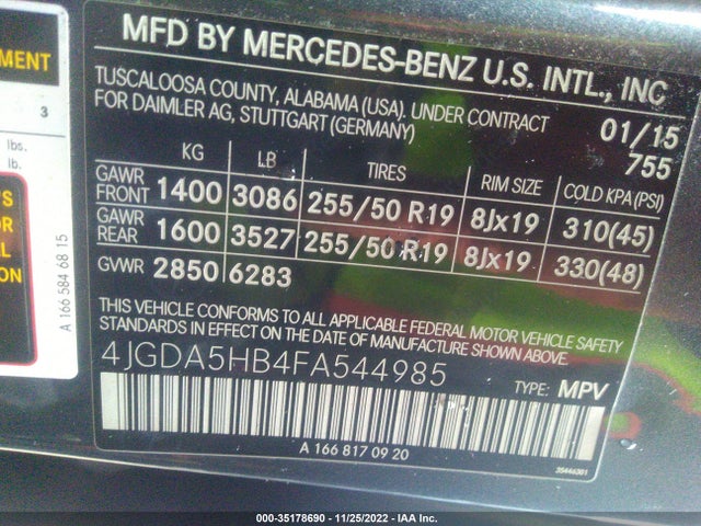 2015 Mercedes-Benz M-Class, VIN: 4JGDA5HB4FA544985