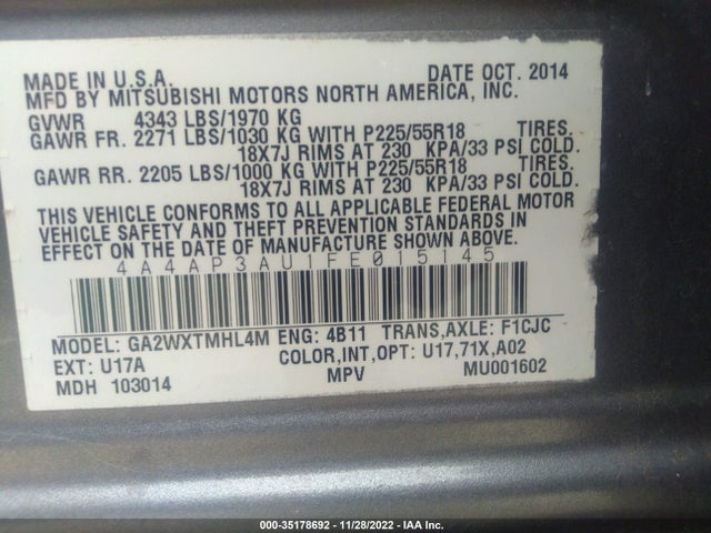 4A4AP3AU1FE015145 Mitsubishi Outlander Sport Es