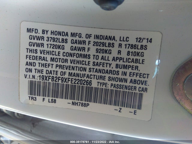 2015 HONDA CIVIC SEDAN EX-L VIN: 19XFB2F9XFE220266