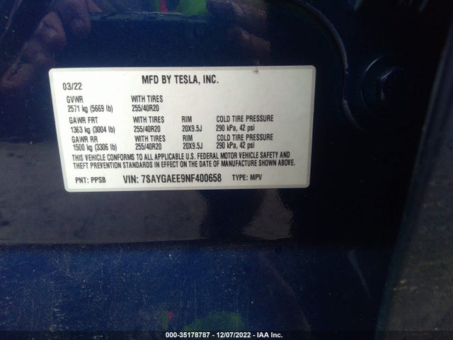 Tesla Model Y Long Range 2022 7SAYGAEE9NF400658 Image 9
