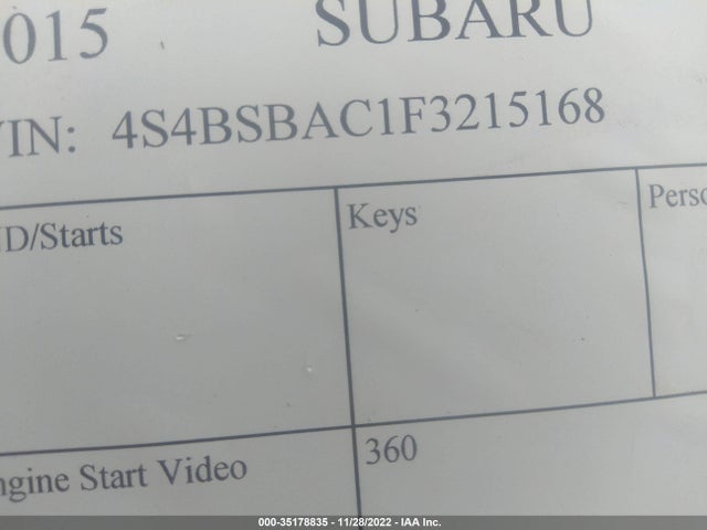 2015 SUBARU OUTBACK 2.5I VIN: 4S4BSBAC1F3215168