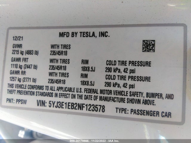 Tesla Model 3 Long Range 2022 5YJ3E1EB2NF123578 Image 9
