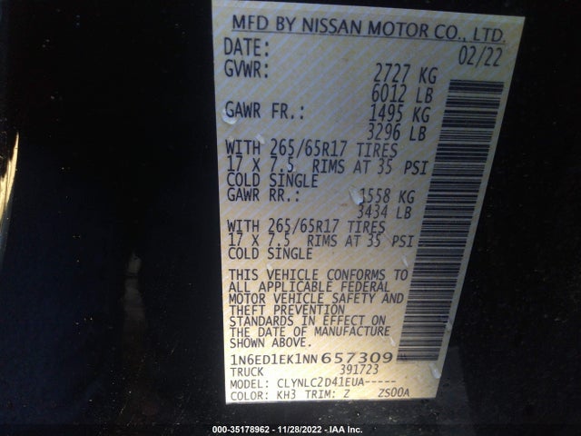 2022 Nissan Frontier, VIN: 1N6ED1EK1NN657309