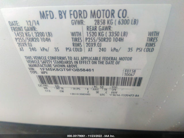 2015 Ford Explorer, VIN: 1FM5K8GT9FGB58461
