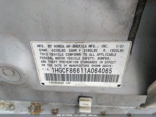 Honda ACCORD SDN 2001 1HGCF86611A064065 Image 10