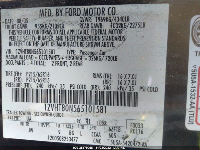 2006 FORD MUSTANG STANDARD/DELUXE/PREMIUM VIN: 1ZVHT80N565101581
