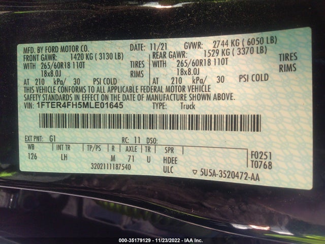 2021 Ford Ranger, VIN: 1FTER4FH5MLE01645