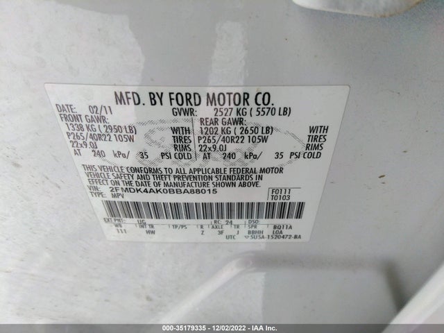 2011 FORD EDGE SPORT VIN: 2FMDK4AK0BBA88015