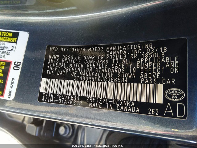 Toyota COROLLA LE 2018 2T1BURHE6JC086584 Image 10