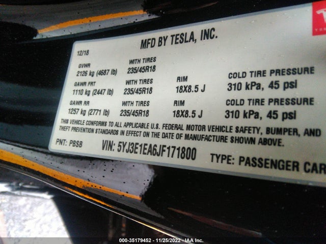 Tesla Model 3 Range Battery 2018 5YJ3E1EA6JF171800 Image 9