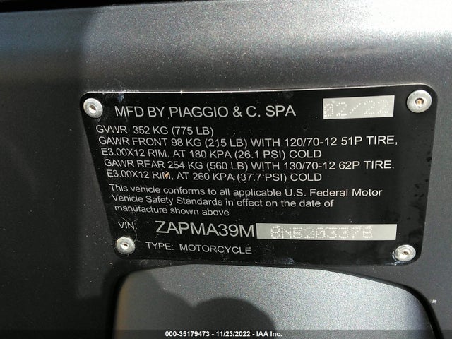 2022 VESPA GTS 300 SUPER VIN: ZAPMA39M8N5203376