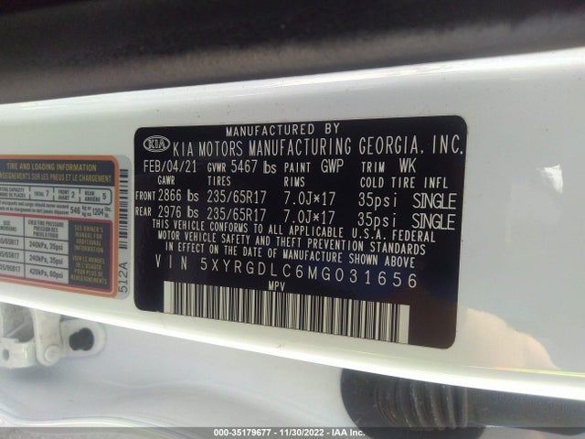2021 KIA SORENTO LX VIN: 5XYRGDLC6MG031656