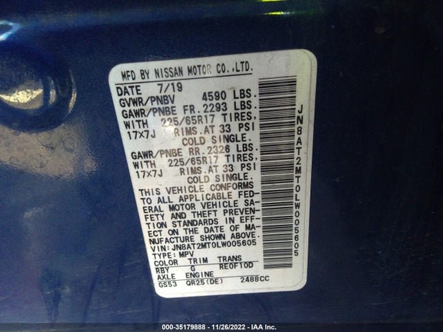 2020 NISSAN ROGUE S VIN: JN8AT2MT0LW005605