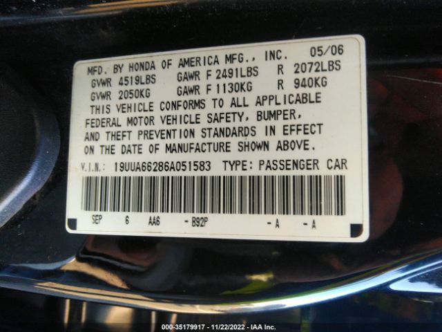 2006 ACURA TL VIN: 19UUA66286A051583
