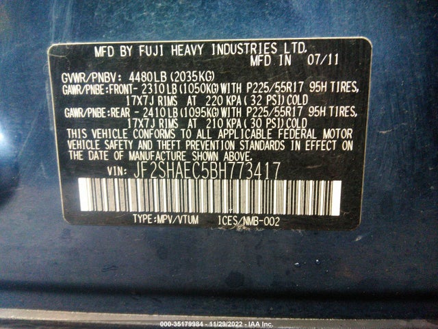 2011 SUBARU FORESTER 2.5X LIMITED VIN: JF2SHAEC5BH773417