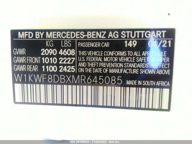 2021 Mercedes-Benz C-Class, VIN: W1KWF8DBXMR645085