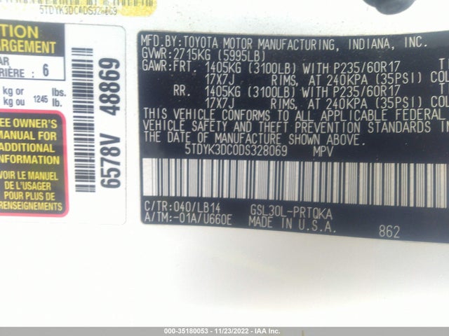2013 TOYOTA SIENNA XLE AAS/XLE/LTD VIN: 5TDYK3DC0DS328069