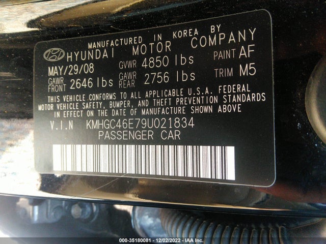 2009 HYUNDAI GENESIS VIN: KMHGC46E79U021834
