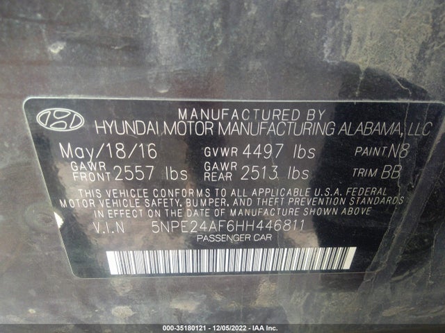 2017 HYUNDAI SONATA 2.4L VIN: 5NPE24AF6HH446811