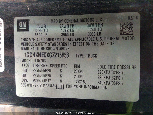 2016 CHEVROLET SILVERADO 1500 WORK TRUCK VIN: 1GCNKNECXGZ215858