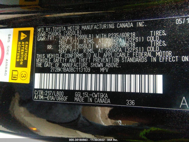 2T2BK1BA0BC113109 Lexus RX 350