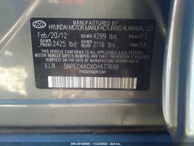 2012 HYUNDAI SONATA 2.4L SE VIN: 5NPEC4ACXCH477698