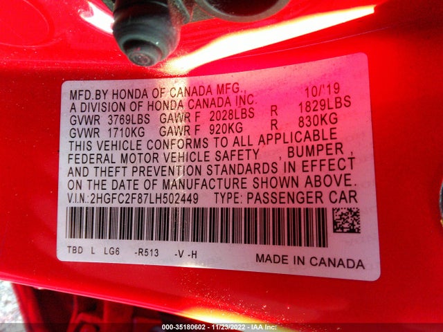 Honda Civic Sedan Sport 2020 2HGFC2F87LH502449 Image 9
