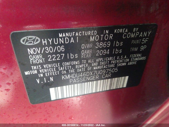 2007 HYUNDAI ELANTRA GLS/SE/LTD VIN: KMHDU46DX7U097505