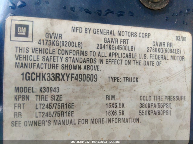 2000 CHEVROLET C/K 3500 CREW CAB VIN: 1GCHK33RXYF490609