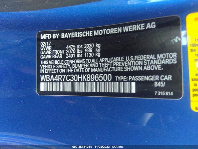 2017 BMW 4 Series, VIN: WBA4R7C30HK896500