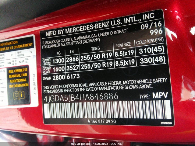 2017 MERCEDES-BENZ GLE GLE 350 VIN: 4JGDA5JB4HA846886