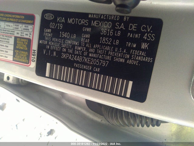 2019 KIA RIO S VIN: 3KPA24AB7KE205797