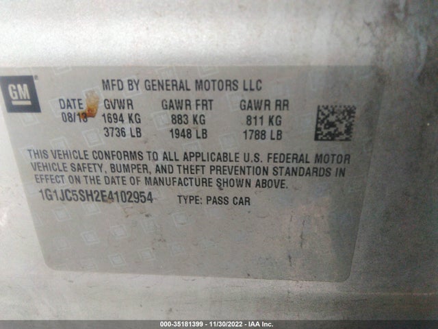 Продажа на аукционе авто 2014 Chevrolet Sonic Lt, vin: 1G1JC5SH2E4102954, номер лота: 35181399