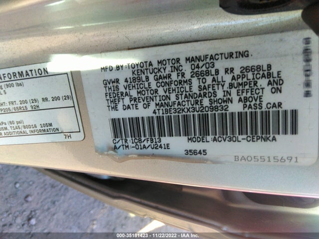 2003 TOYOTA CAMRY LE/SE/XLE VIN: 4T1BE32KX3U209832