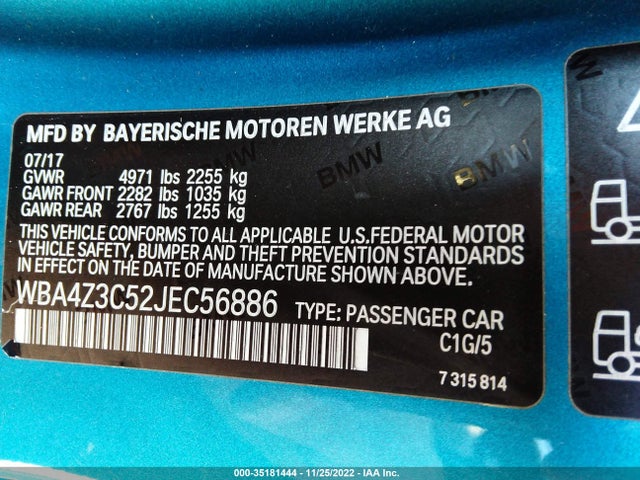 2018 BMW 4 SERIES 430I XDRIVE VIN: WBA4Z3C52JEC56886