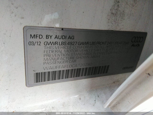 2012 AUDI A4 2.0T PREMIUM PLUS VIN: WAUFFAFL0CA120280