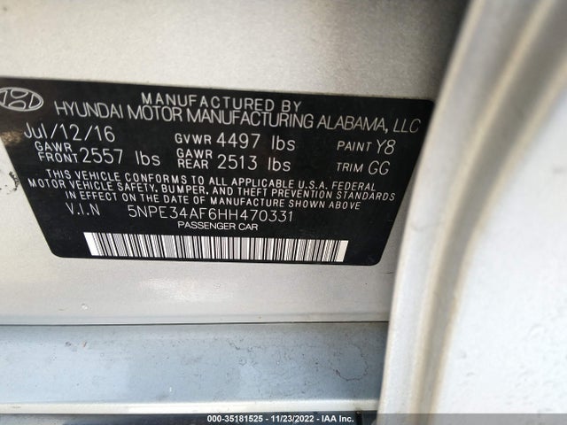 2017 HYUNDAI SONATA SPORT VIN: 5NPE34AF6HH470331