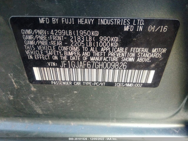 2016 SUBARU IMPREZA SEDAN PREMIUM VIN: JF1GJAF67GH009826