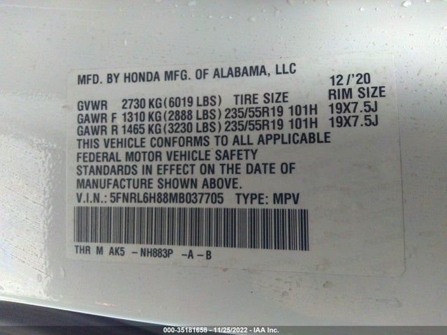 2021 Honda Odyssey, VIN: 5FNRL6H88MB037705