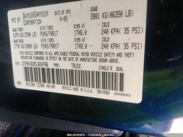 2005 DODGE RAM 1500 SLT VIN: 1D7HA16DX5J624766