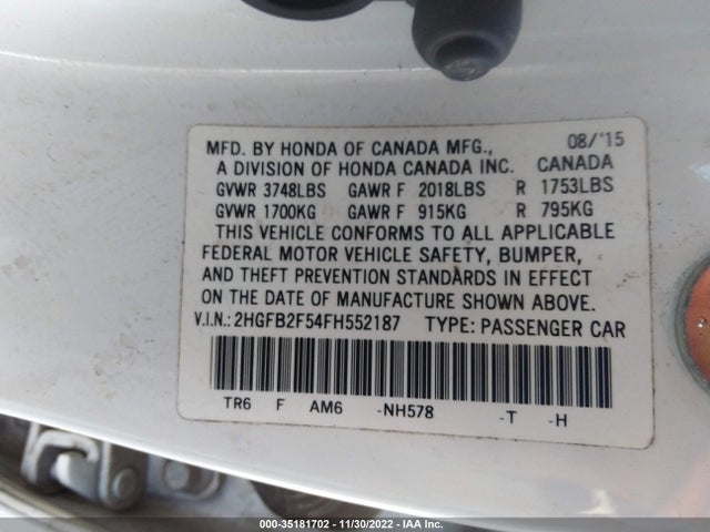 2015 Honda Civic, VIN: 2HGFB2F54FH552187