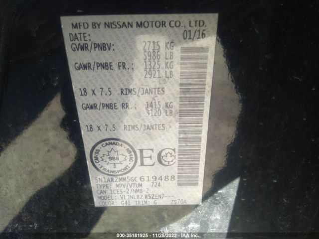 5N1AR2MM5GC619488 Nissan Pathfinder Platinum/sv/sl/s