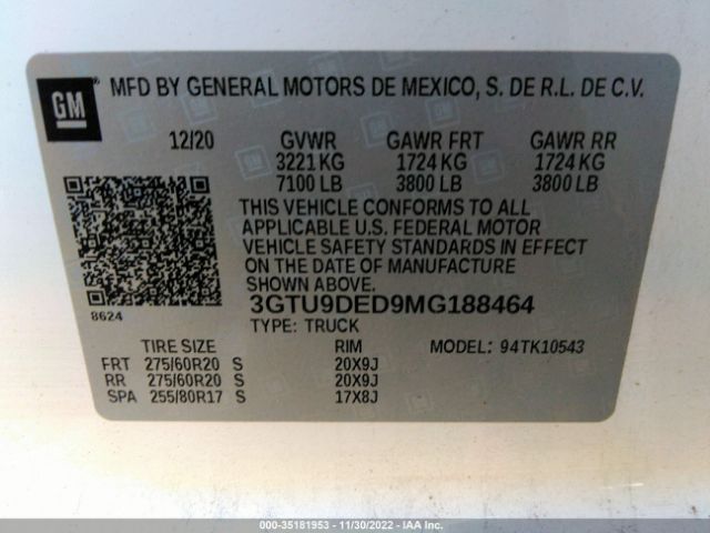 3GTU9DED9MG188464 GMC Sierra 1500 Slt