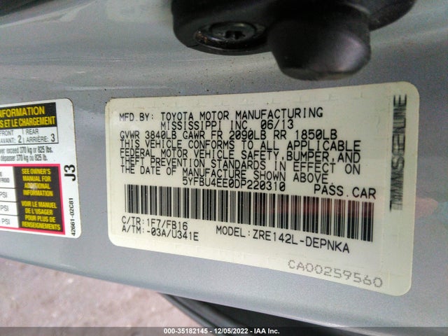 2013 TOYOTA COROLLA L/LE/S VIN: 5YFBU4EE0DP220310