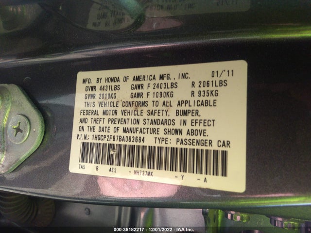 2011 HONDA ACCORD SDN EX-L VIN: 1HGCP2F87BA083684