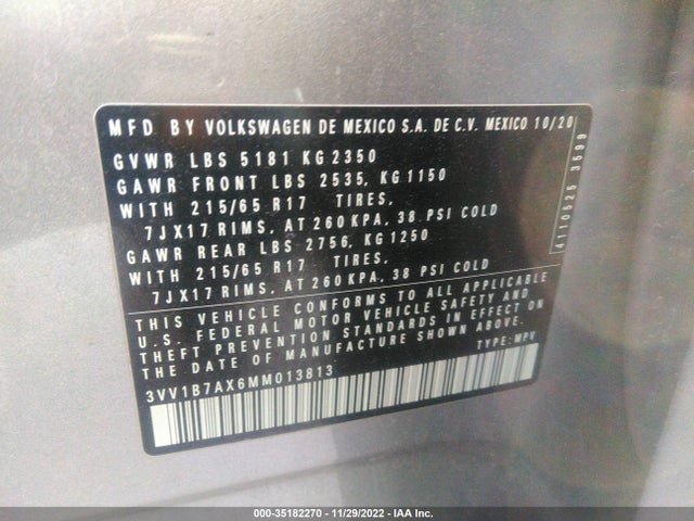 2021 Volkswagen Tiguan, VIN: 3VV1B7AX6MM013813
